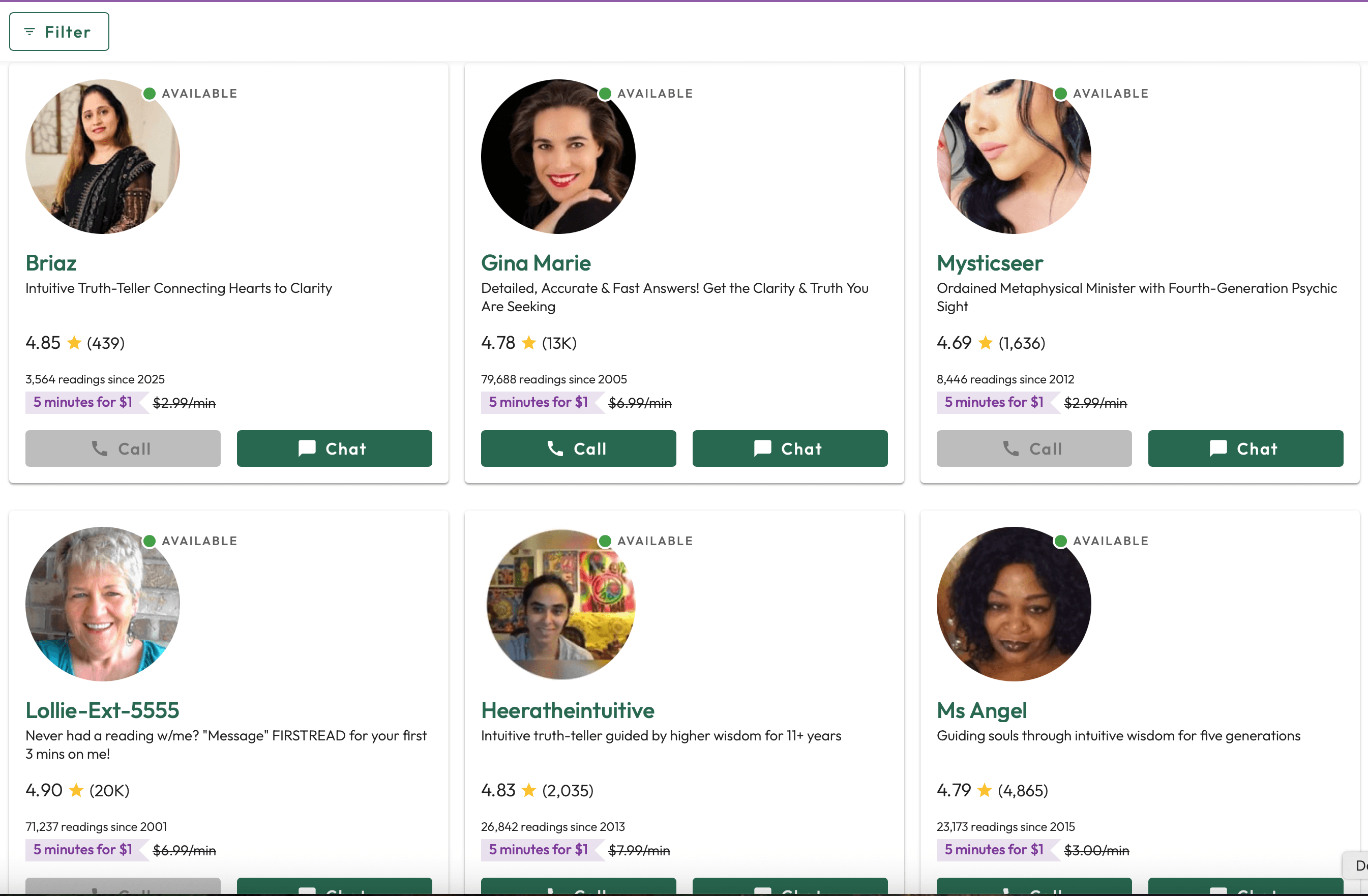 Keen advisor browse, Love & Relationships category showing 6 advisor cards