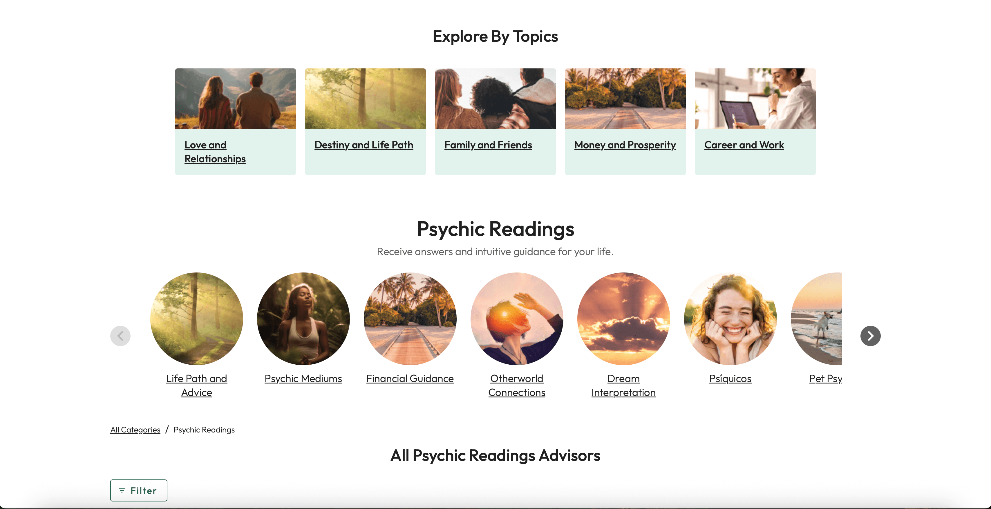 Keen Explore by Topics categories and Psychic Readings subspecialties