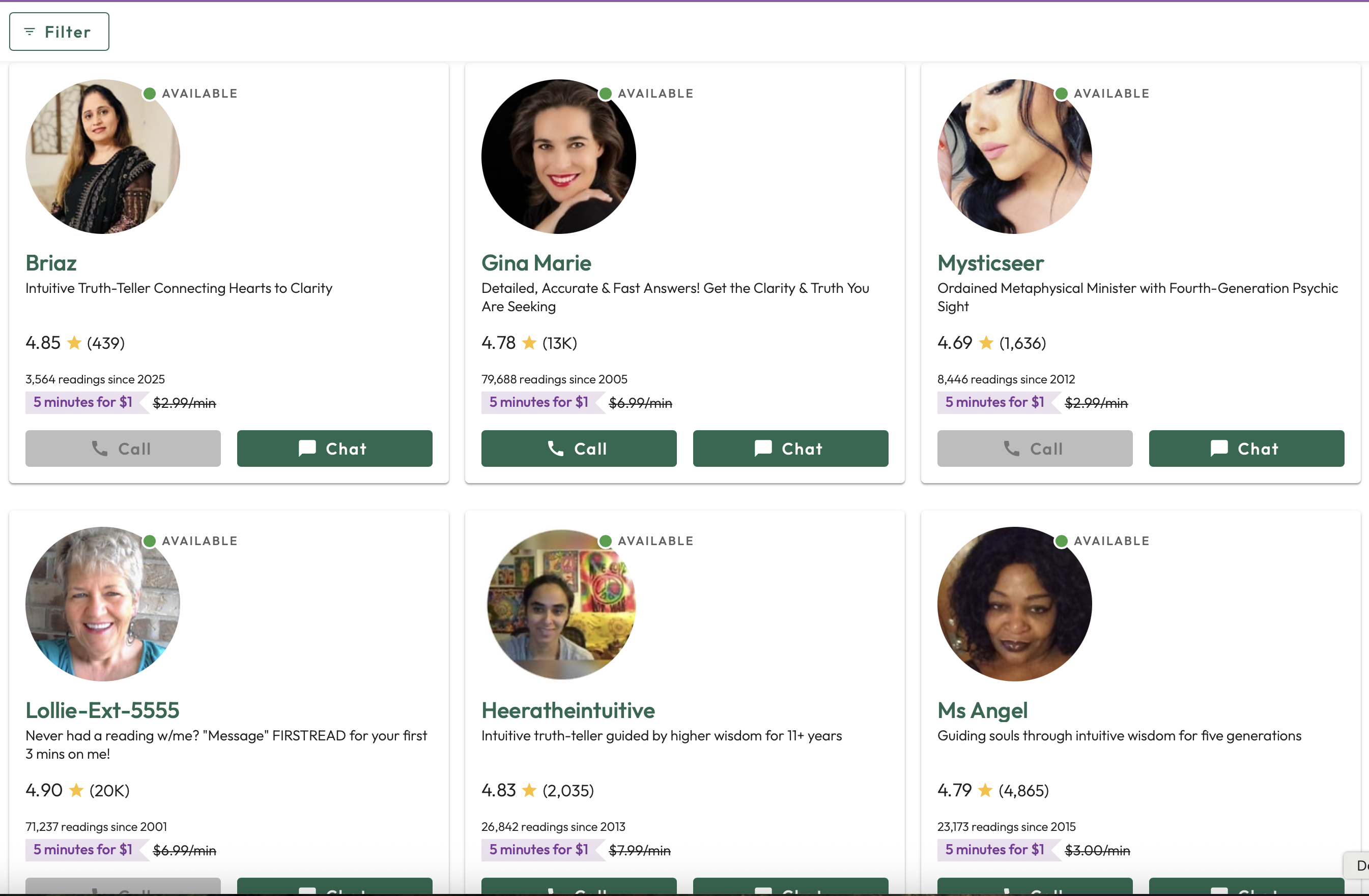 Keen advisor browse — Love & Relationships category showing 6 advisor cards